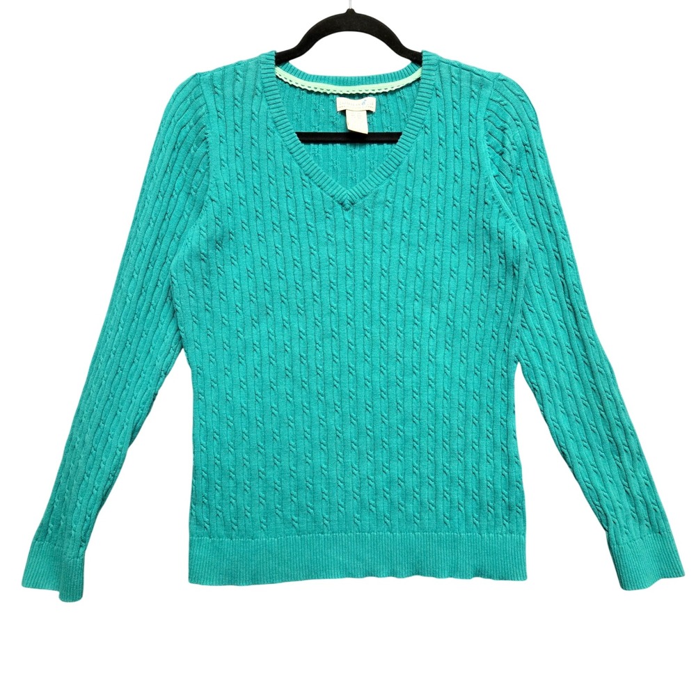 Caribbean Joe Sweater Cable Knit V-Neck XL Teal Green Coastal Preppy Long Sleeve